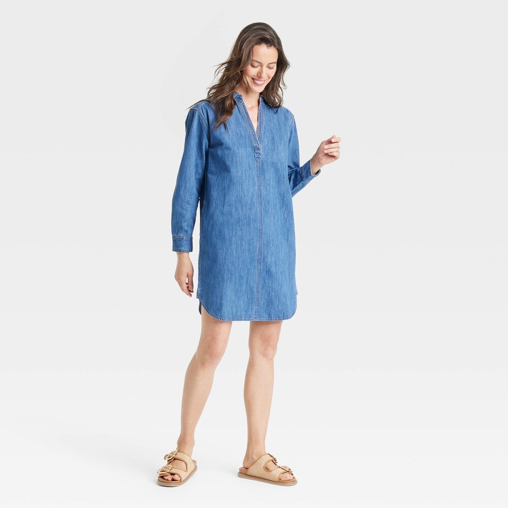 Long Sleeve Popover Mini Shirtdress - Blue Denim XS